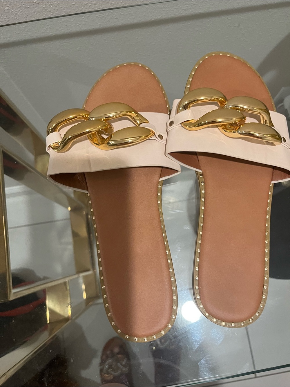 Nude Slide Sandals with Bold Gold Chain Accent